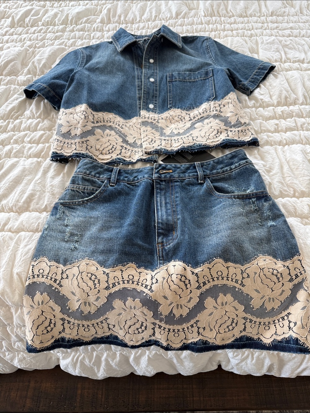 Denim Two-Piece Set with Cream Lace Trim